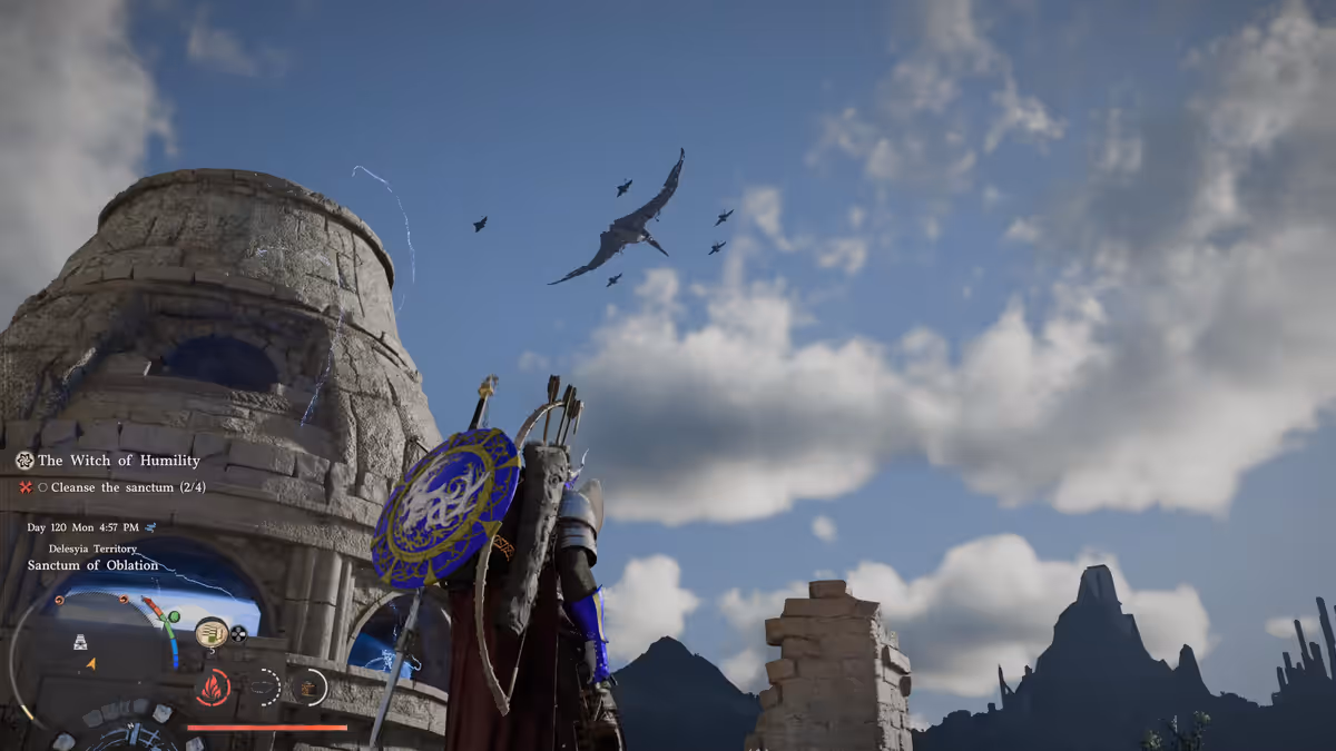 Armored warrior with a glowing blue gauntlet and round blue shield stands before a massive stone tower as winged creatures fly overhead