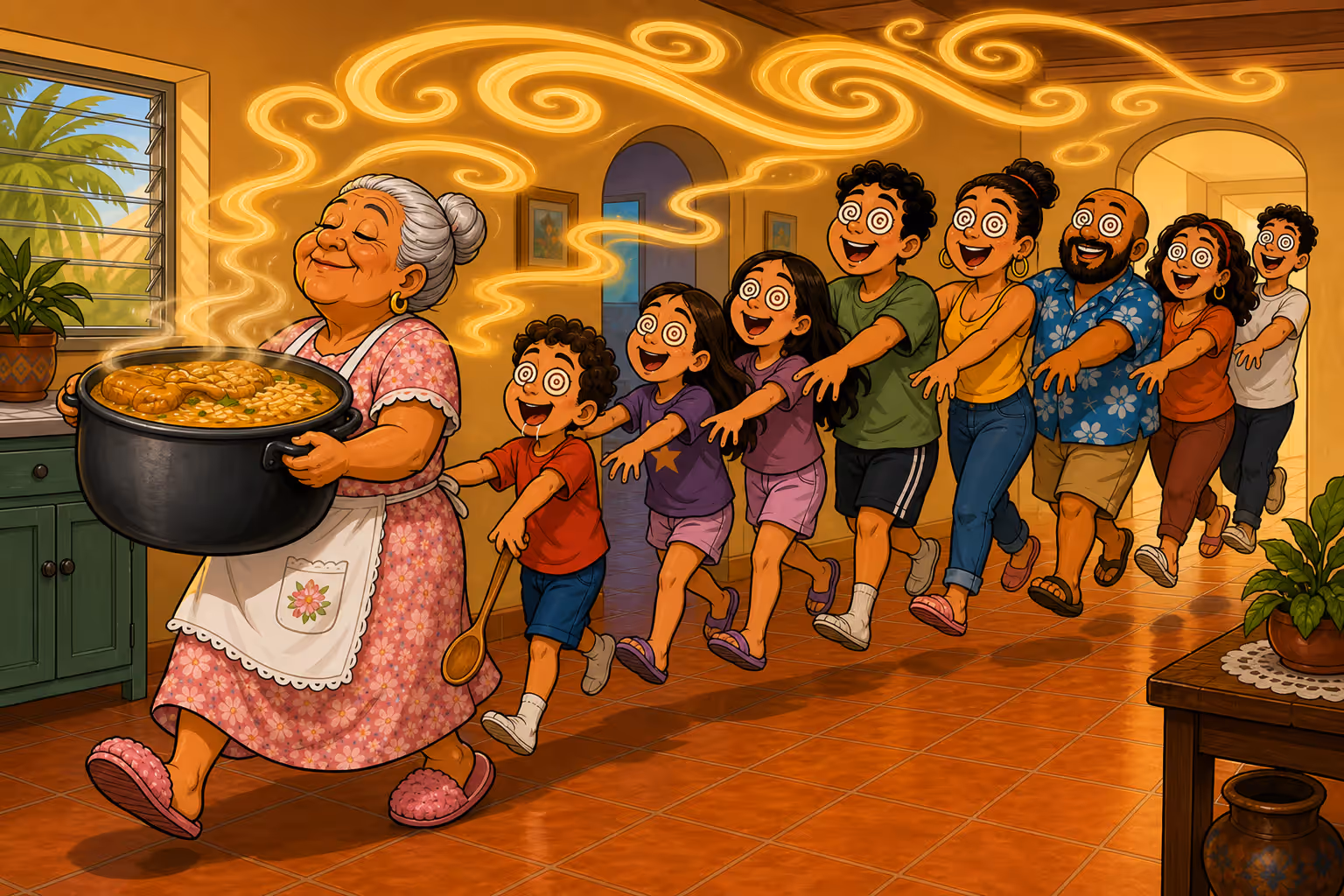 Cartoon of a grandmother with a steaming pot of asopao, and a line of people with spiral eyes following her as if hypnotized