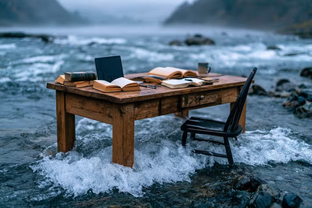 A weathered wooden desk and empty black chair standing in a rushing river, open books and a closed laptop on the tabletop, misty mountains beyond