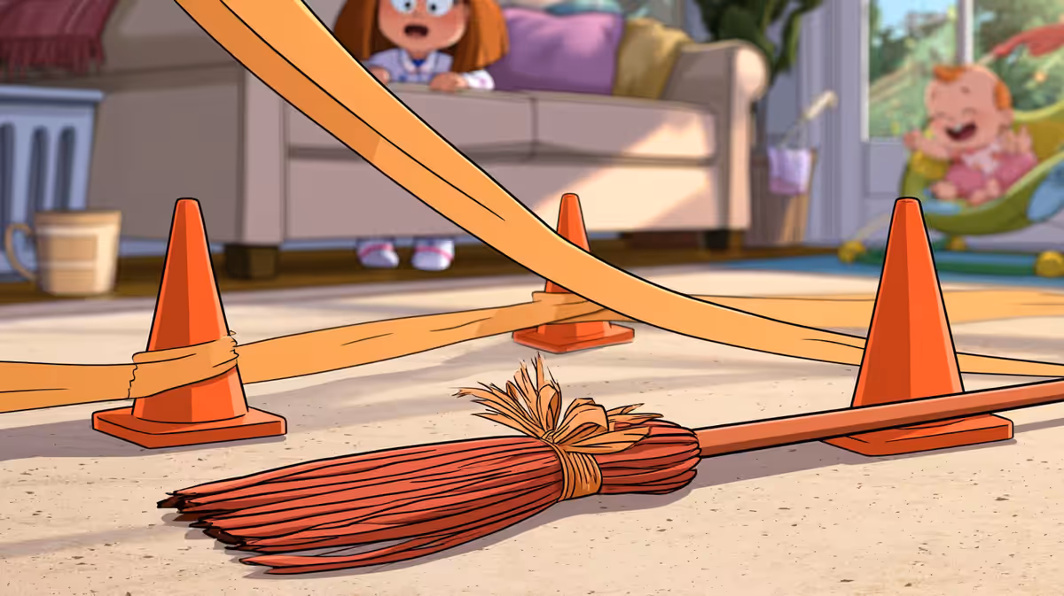 A cartoon toy broom lies on a living room floor between orange cones and tape, with a little girl and a baby on the couch behind it