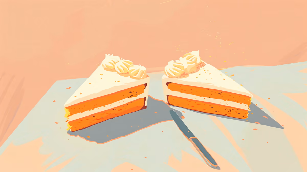 AI illustration: two slices of carrot cake with cream frosting side by side on a table, a knife between them.