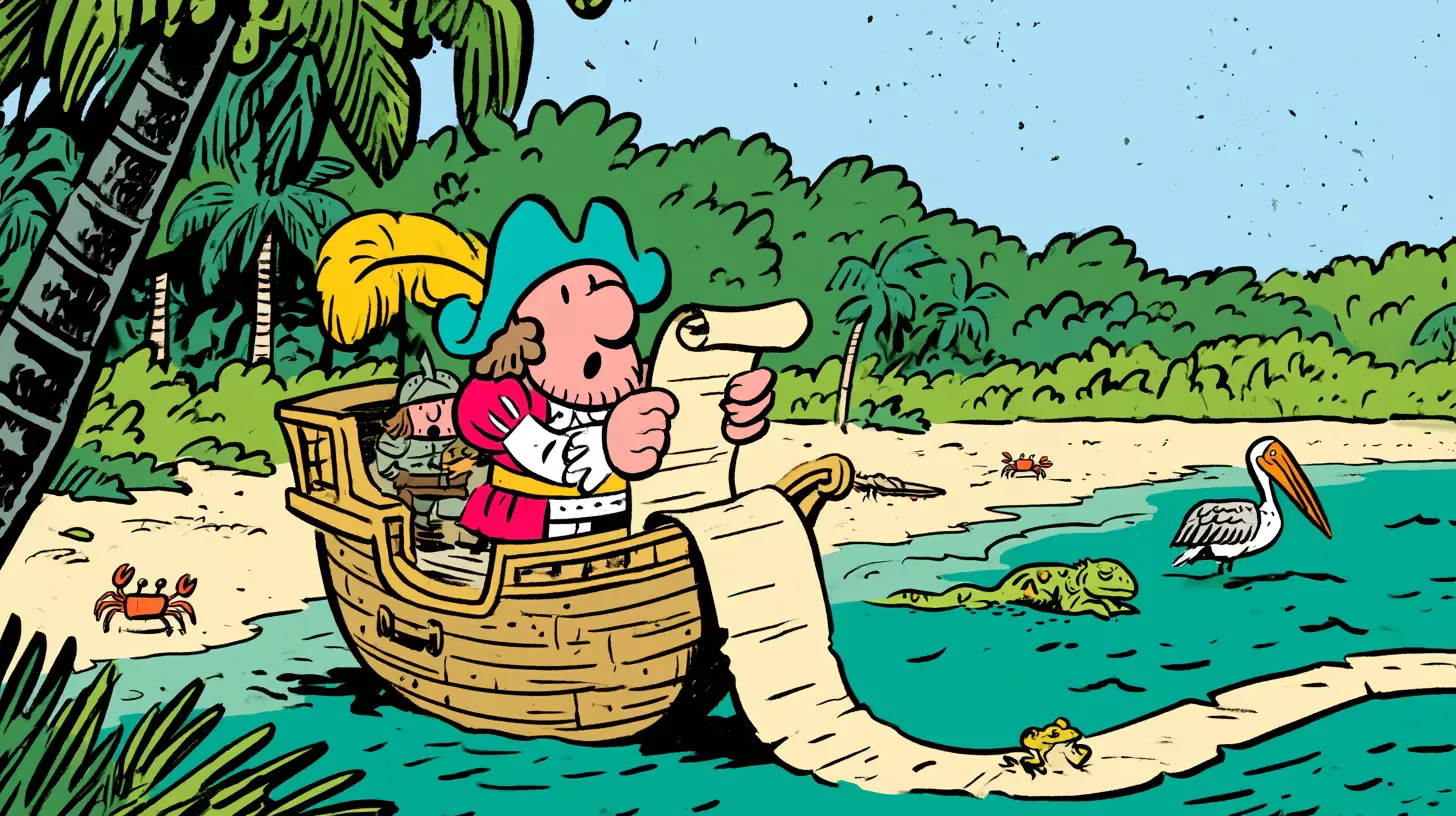 A cartoon conquistador on a small wooden ship reads an enormous scroll that unrolls off the deck into the water, while crabs, an iguana, a pelican, and a frog watch from an empty beach
