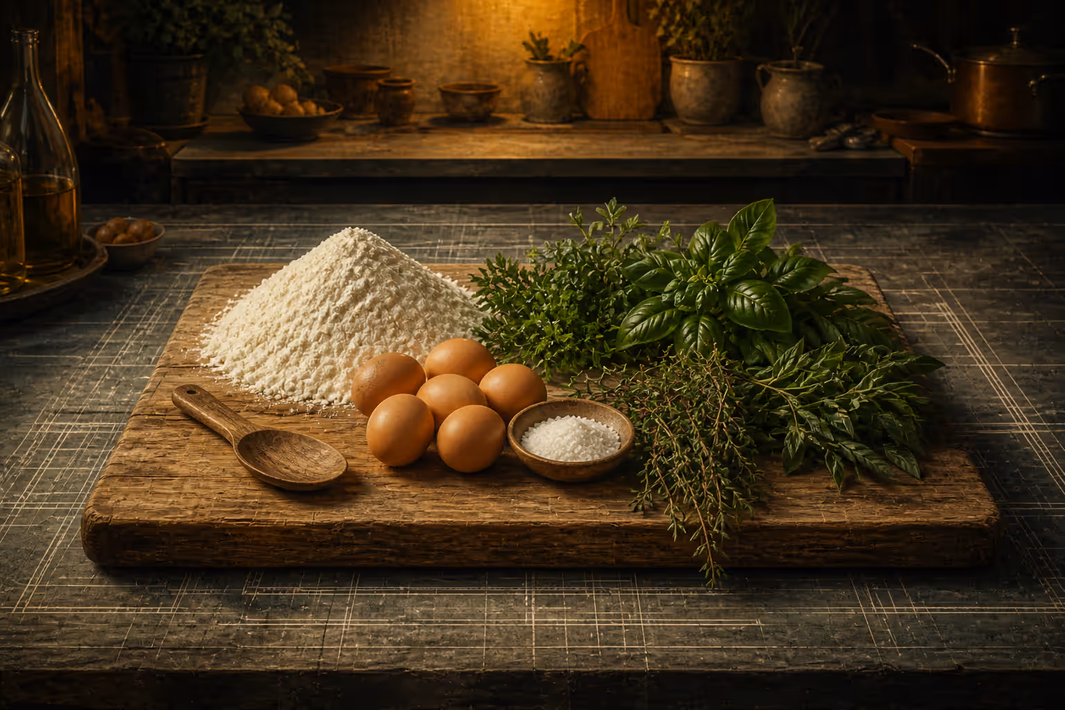 Wooden cutting board on a kitchen counter with a mound of flour, eggs, herbs, and bowls resting on the board, faint architectural blueprint lines underneath