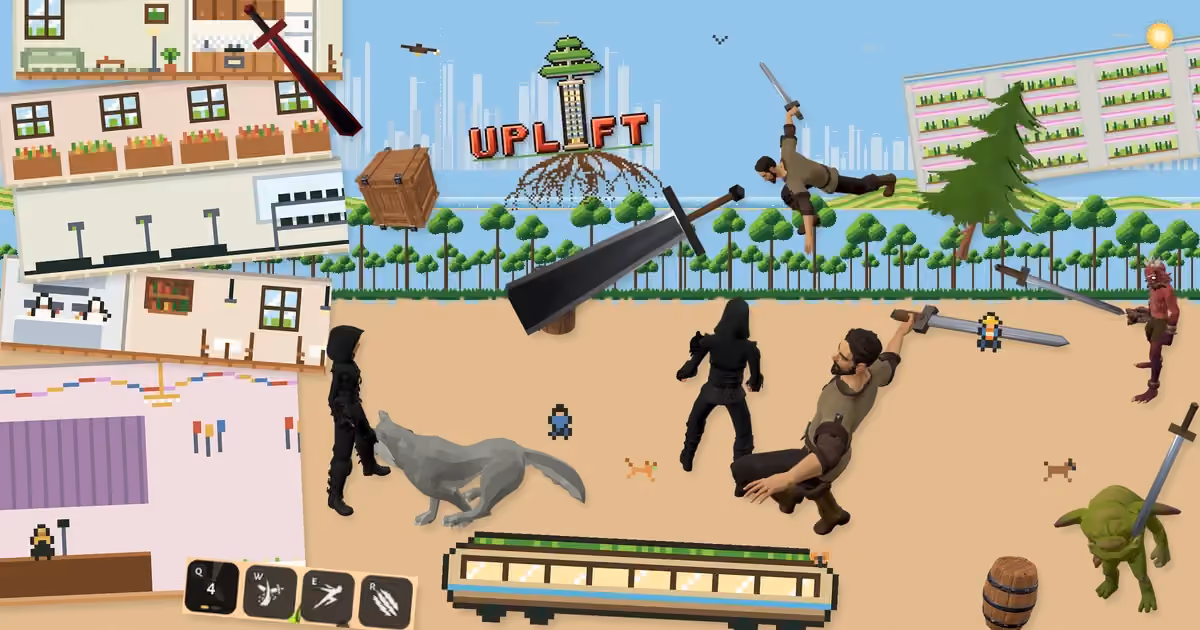A collage of both games: Uplift's pixel-art tower, rooms, and logo above a dirt yard where Milak swings a huge sword among black-clad ninjas, a wolf, a goblin, and training props.