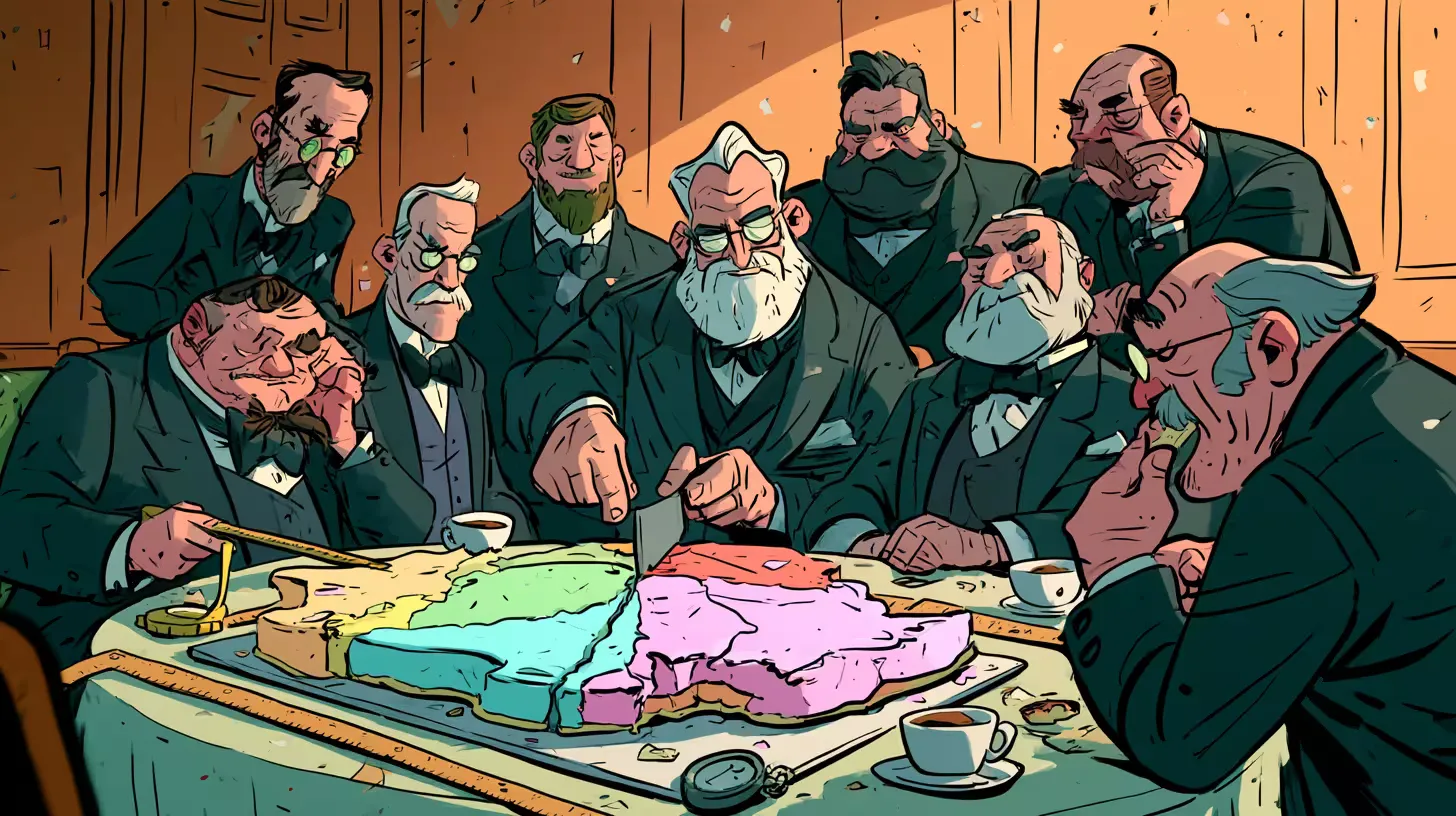 Nine cartoon gentlemen in dark suits divide a frosted cake shaped like an island into pastel slices, one measuring with a ruler and another already eating a piece