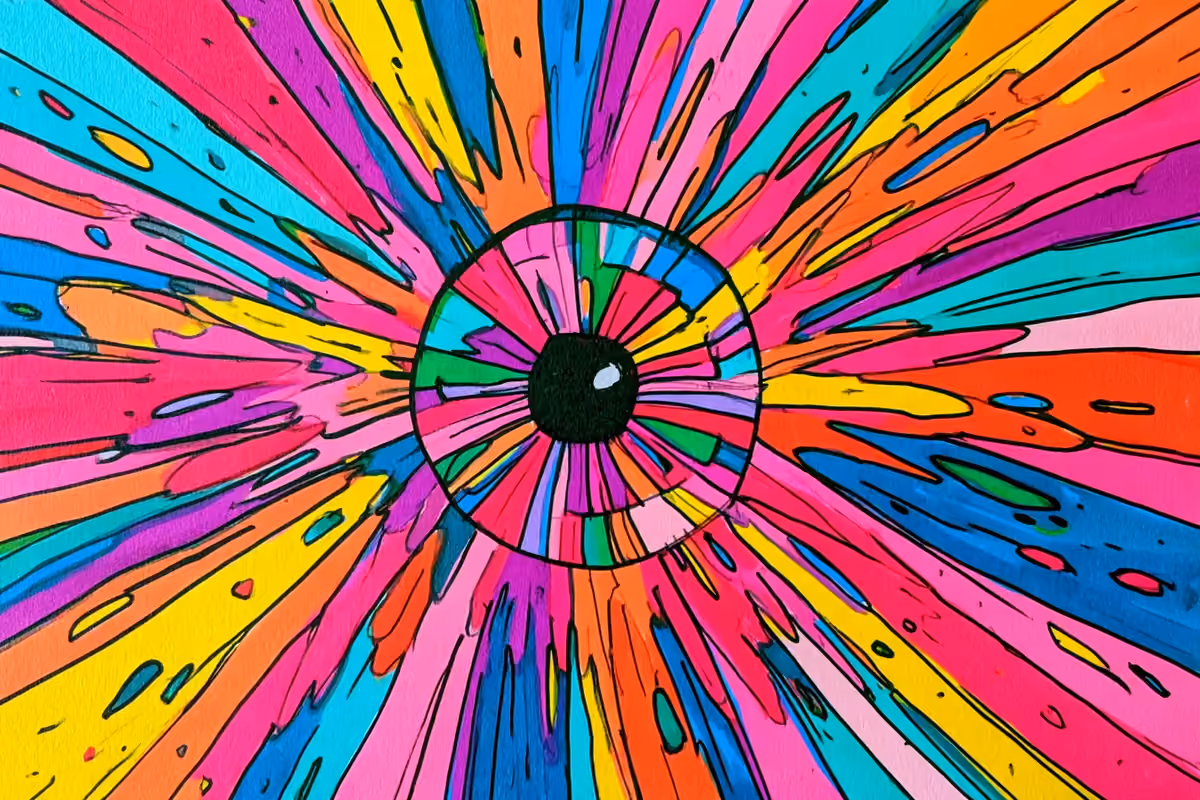 Ilustración hecha con IA: un ojo pintado en colores vivos, con rayos rosados, amarillos, azules y anaranjados que salen de su iris.