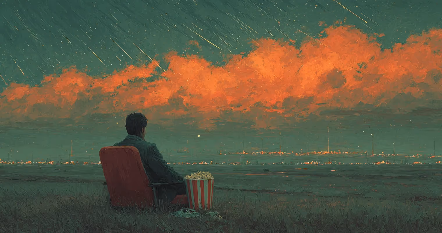 A man seen from behind sits in a red seat in a dark, grassy field, a red-and-white striped popcorn bucket beside him, watching a far-off line of lights under glowing orange clouds while streaks of light rain across a green night sky