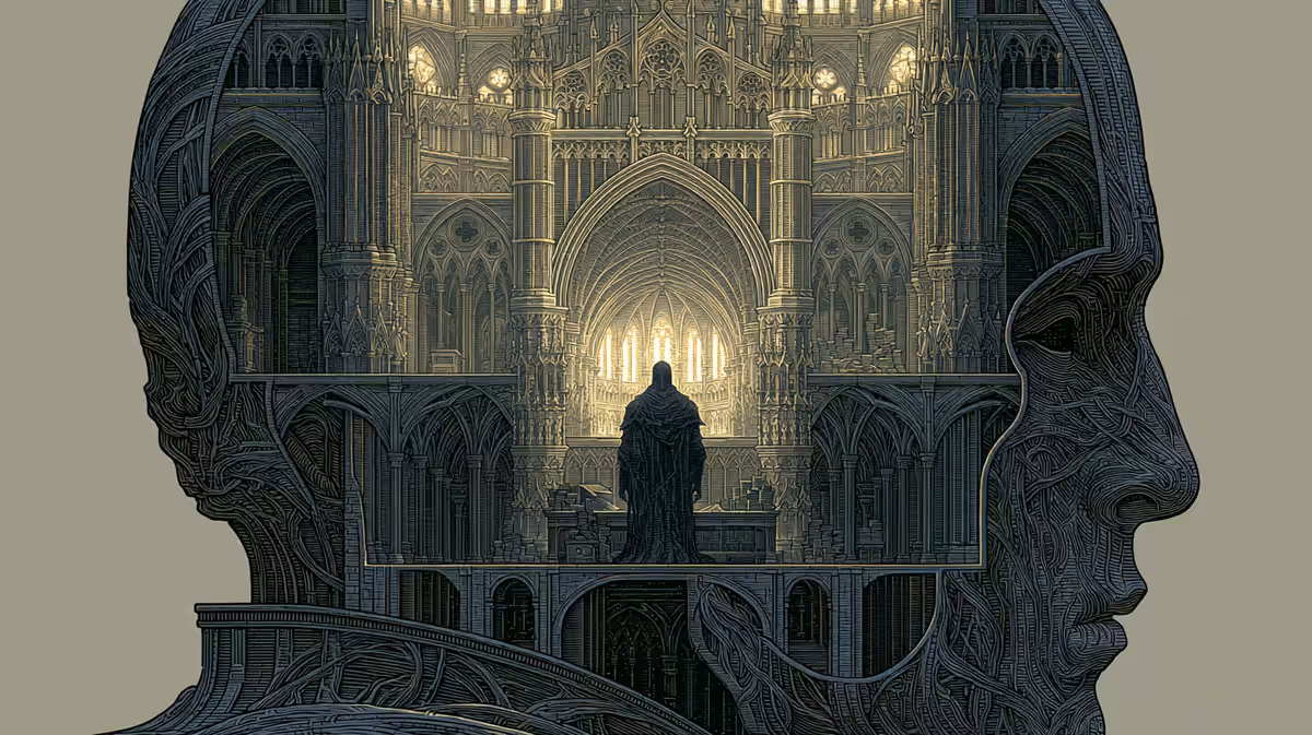 Profile of a human head whose interior is a gothic cathedral; a hooded figure stands before a glowing archway inside the skull