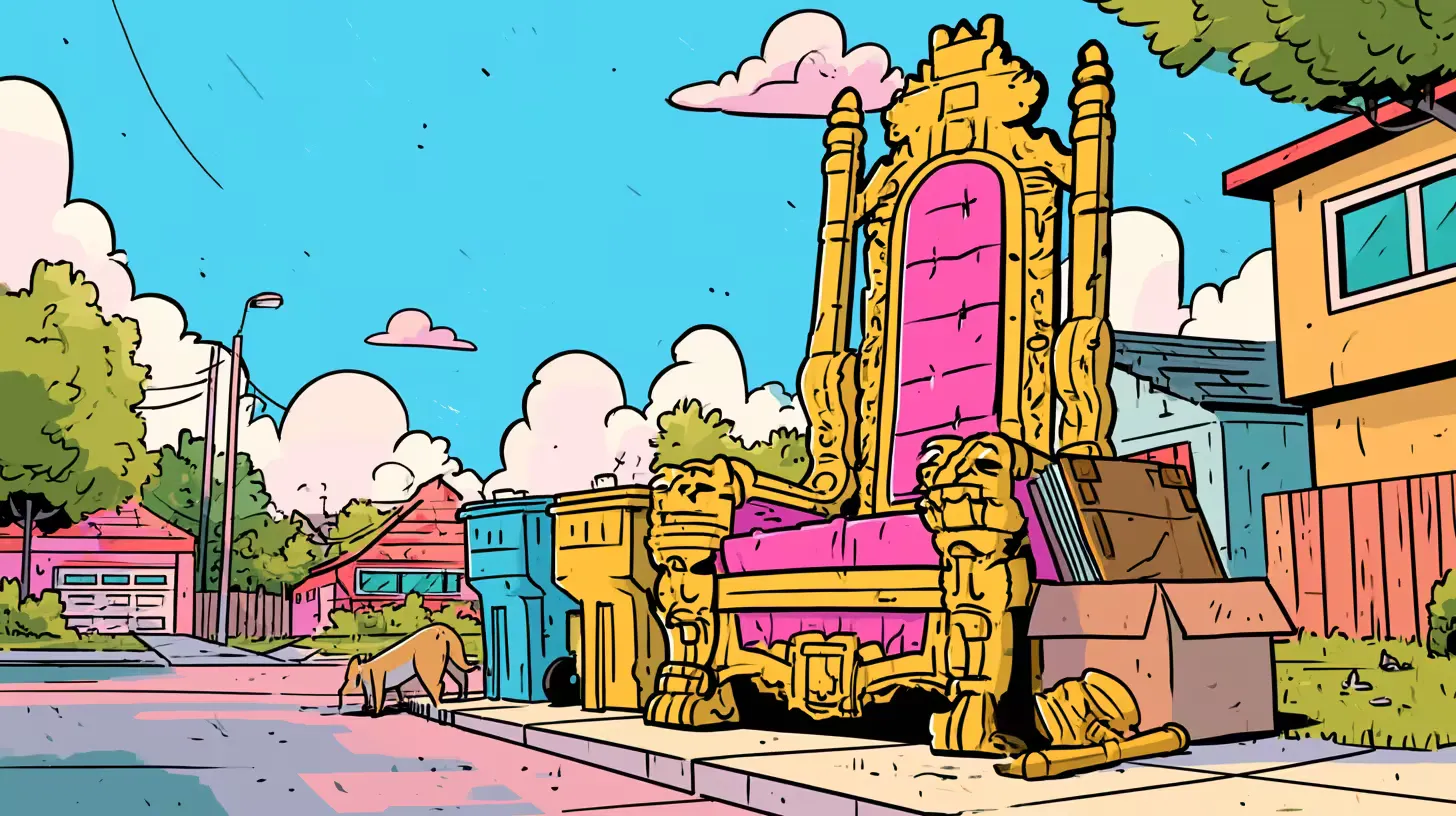 A giant golden throne sits on a suburban curb beside trash bins, a gavel and a ledger in a cardboard box, a dog sniffing the throne
