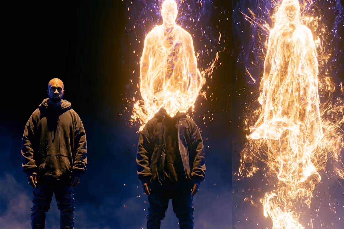 AI illustration: a man in a hoodie stands beside a second figure whose head dissolves into fire, and a third figure made of golden light.