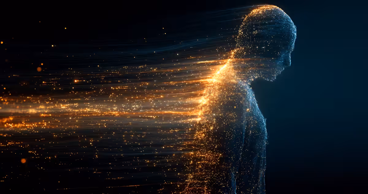Wireframe human silhouette trailing streaks of golden light and particles across a dark background