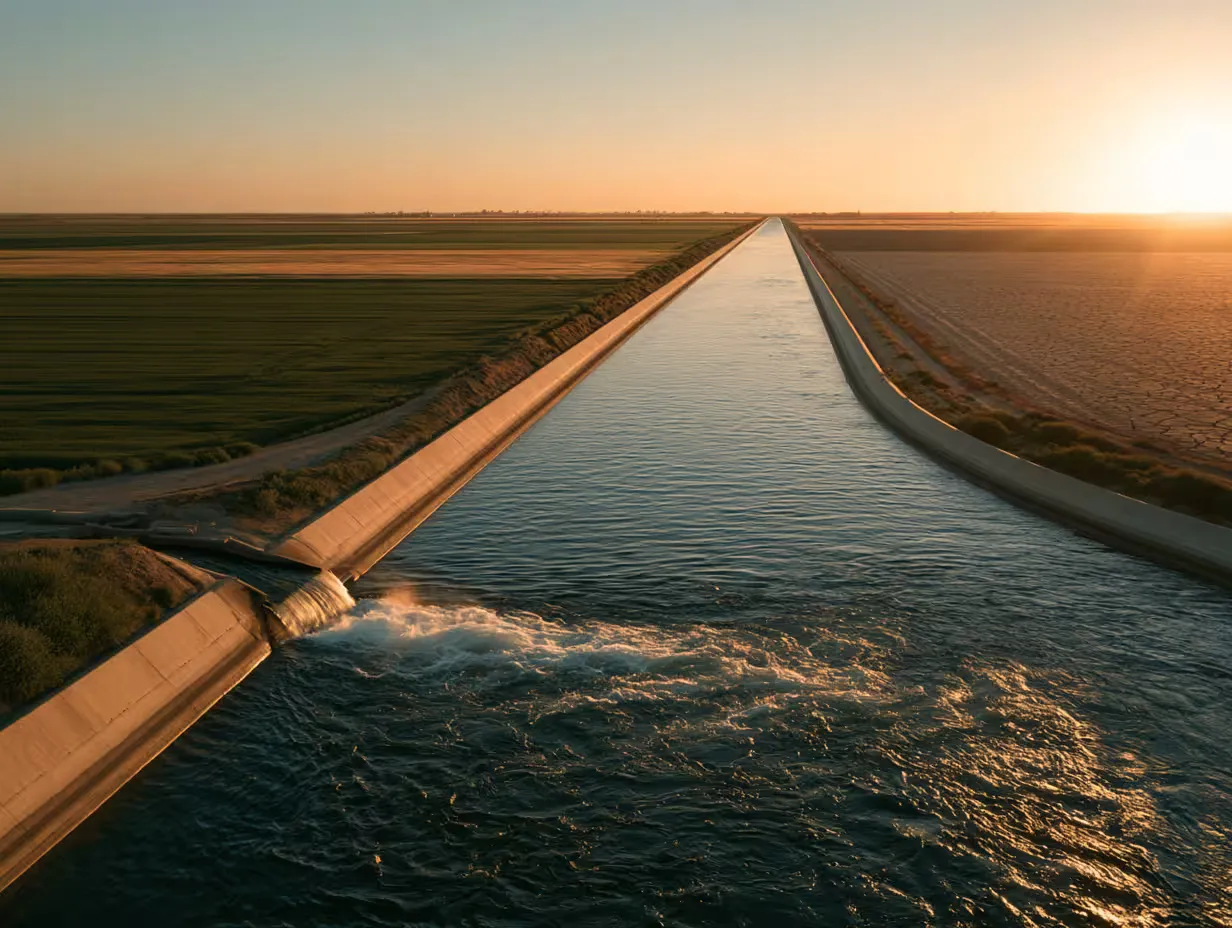 High view of a concrete irrigation canal cutting between green irrigated fields and dry land, water churning at a side gate under low sun