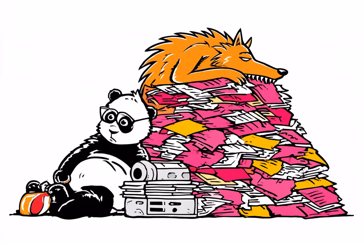 A cartoon panda in round glasses slumps beside an old computer and a towering pile of pink, yellow, and white papers, while a spiky orange wolf sprawls on top of the pile with its eyes half closed