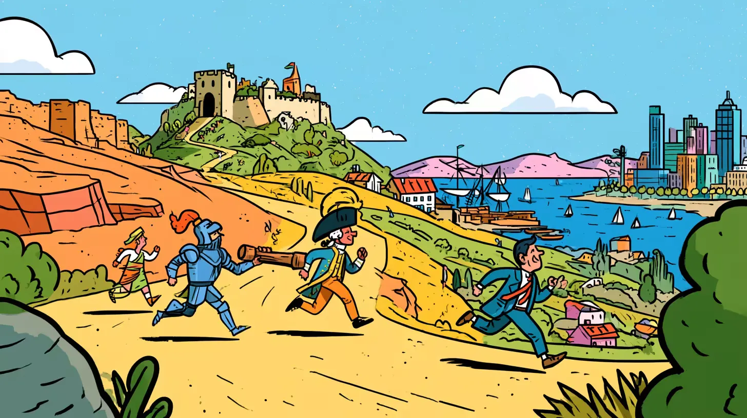 Cartoon runners from different centuries sprint a relay across a landscape that shifts from a castle to a colonial harbor to a modern city, passing a wooden stamp