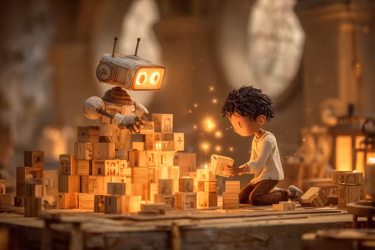 Boy and a small robot kneeling on a wooden floor, building glowing miniature structures from carved wooden blocks in a sunlit attic workshop