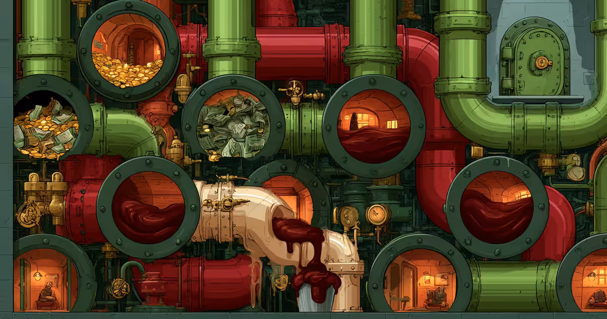Cross-section of riveted industrial pipes: upper openings packed with gold coins and cash, lower chambers with small lived-in rooms, and a cracked joint pouring dark red sludge into an overflowing bucket
