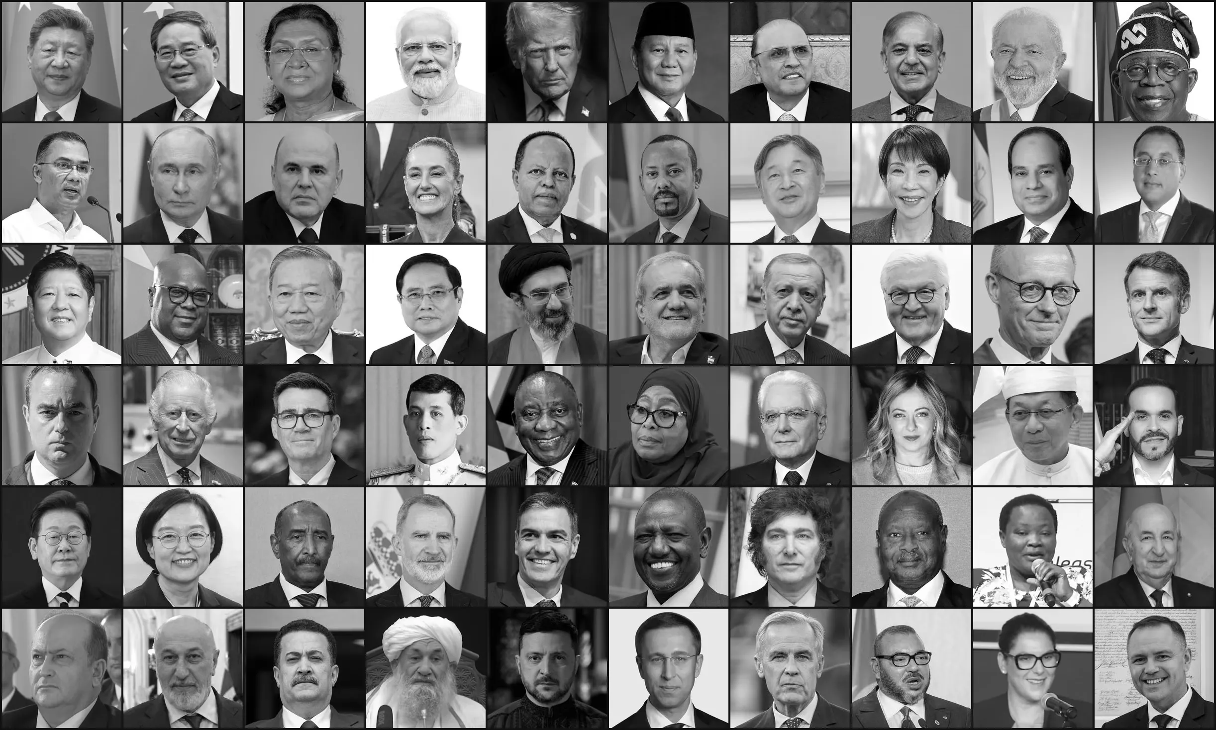 A grid of sixty grayscale portraits of current world leaders, ten across and six down, almost all men in dark suits facing the camera.