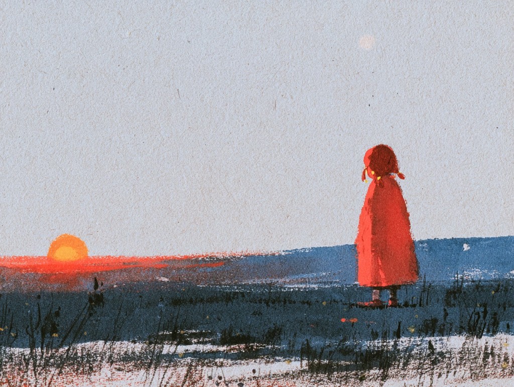 A girl in a red coat watching the orange sun near the horizon across a blue field.
