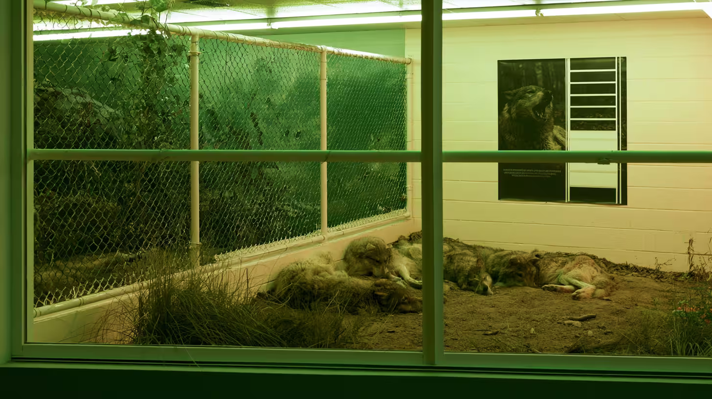Gray wolves lying on dirt behind glass in a fluorescent-lit enclosure, a wolf poster on the wall and chain-link fencing behind them