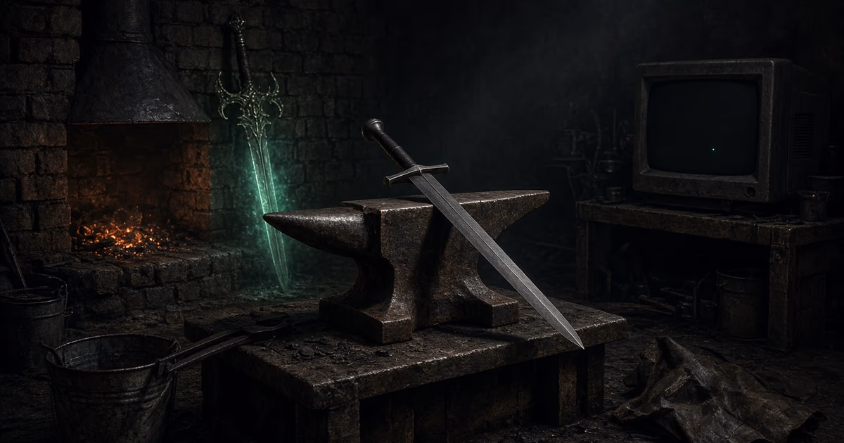 A dark brick workshop: a plain steel sword rests on a worn anvil, an unused ornate blade glows green against the wall, and a CRT monitor shows a single green cursor