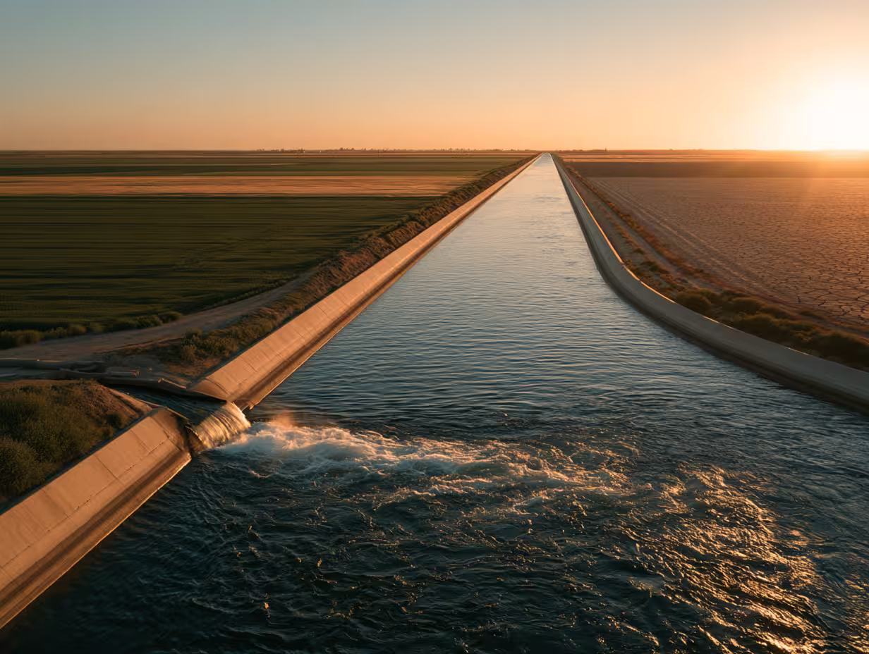 High view of a concrete irrigation canal cutting between green irrigated fields and dry land, water churning at a side gate under low sun
