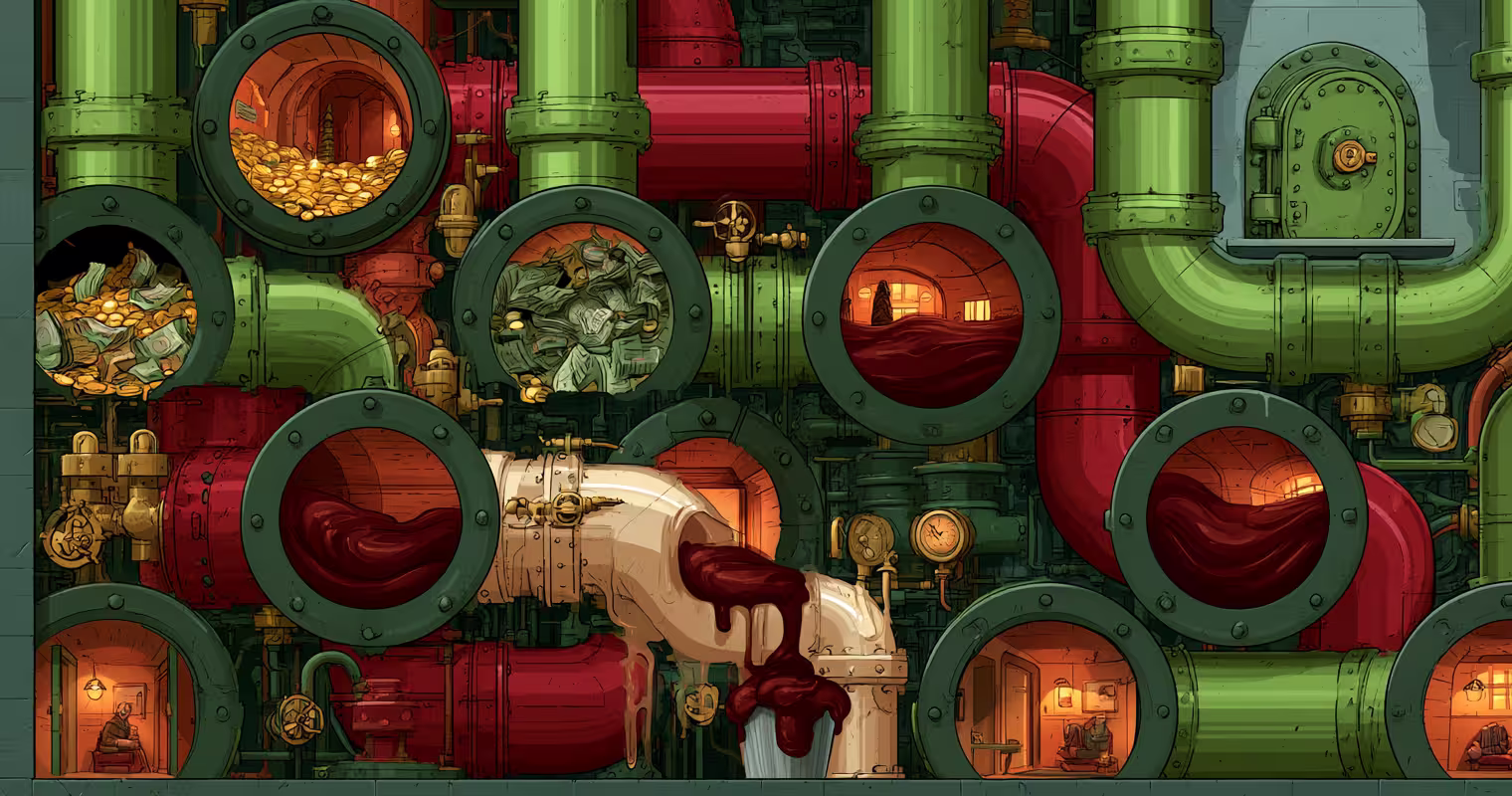 Cross-section of riveted industrial pipes: upper openings packed with gold coins and cash, lower chambers with small lived-in rooms, and a cracked joint pouring dark red sludge into an overflowing bucket