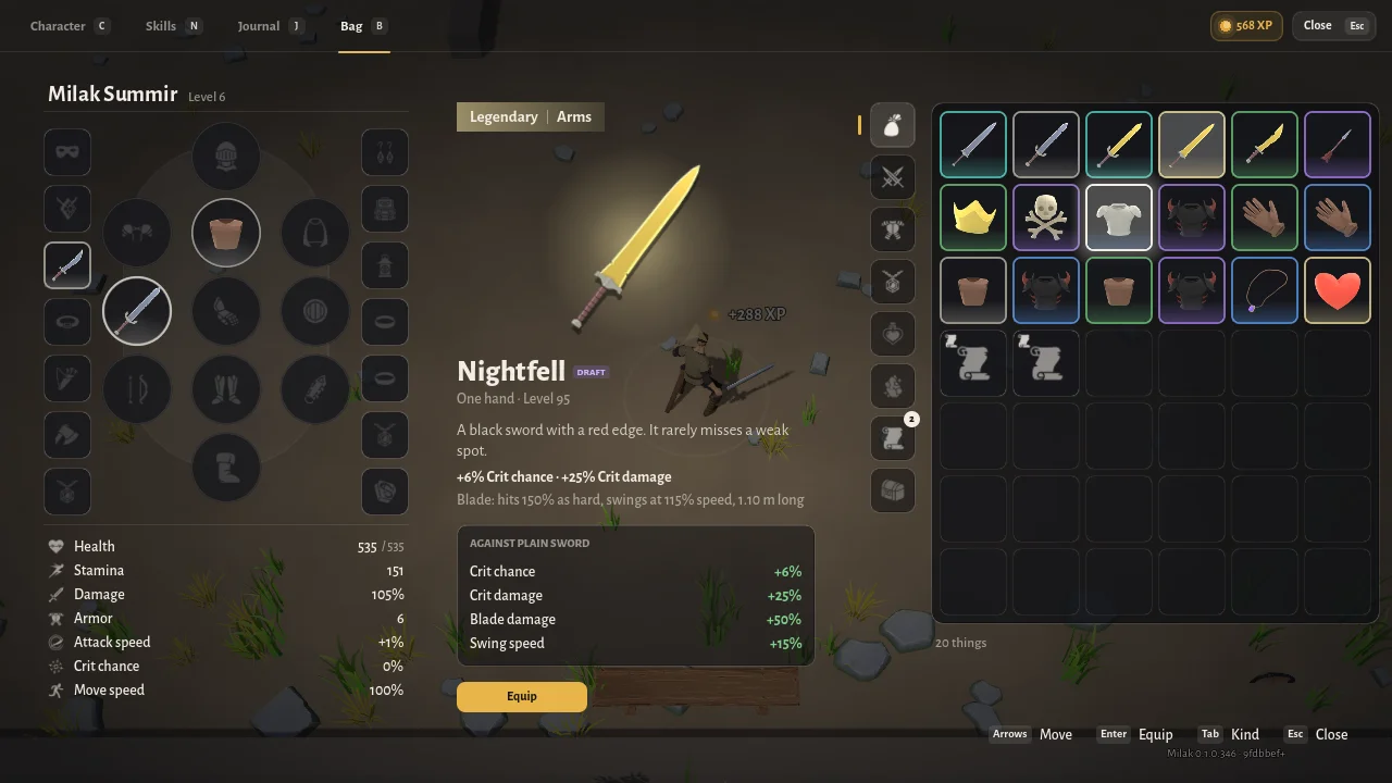 Milak's bag laid out like his body, with Nightfell, a legendary sword marked Draft, compared against his plain sword: more crit chance, crit damage, blade damage and swing speed.