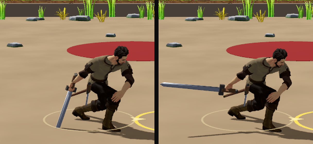 Before and after the grip fix: on the left Milak's sword angles down beside his hand; on the right it extends straight out from his fist at the blow.