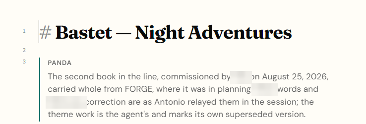 A Panda callout at the top of a book note, saying which words Antonio relayed and that the theme work is the agent's. Names are blurred.