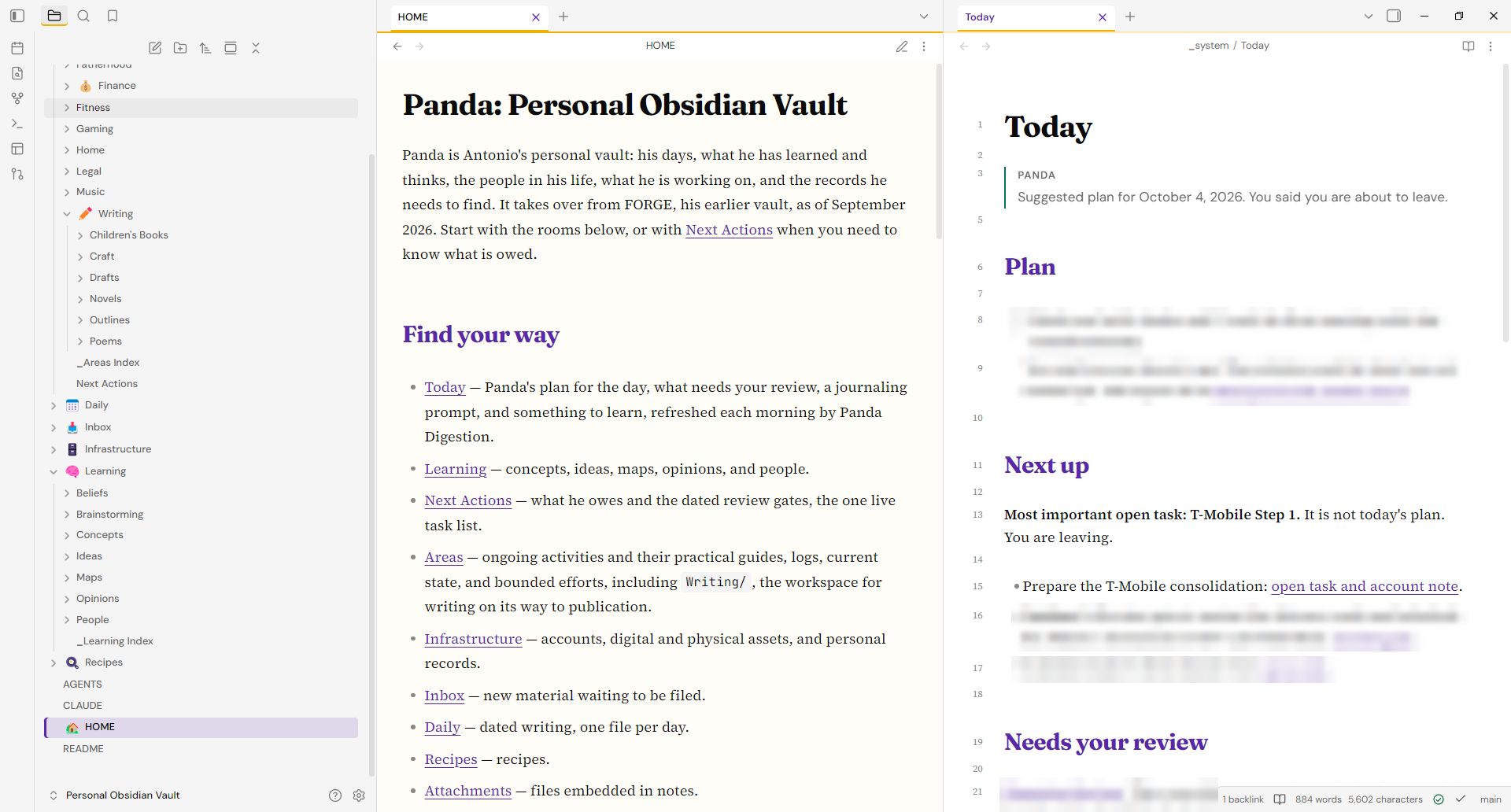 Panda's Obsidian theme, serif text and purple headings: the folder tree, HOME, and Today, where a T-Mobile task is marked most important. Private lines are blurred.