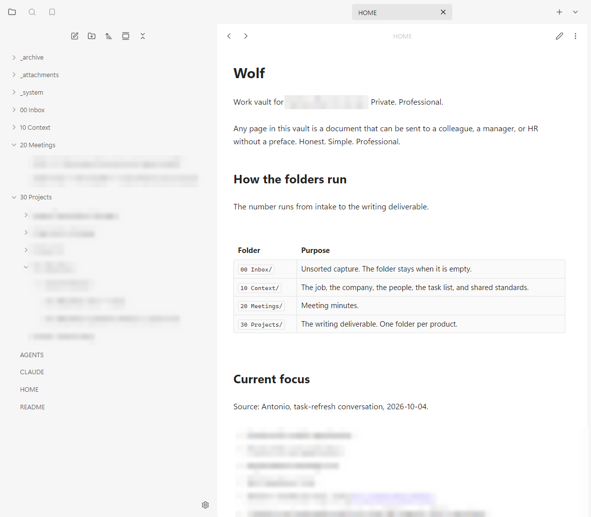 Wolf's Obsidian theme with plain sans-serif text: the folder tree beside HOME and its folder table. Work details are blurred.