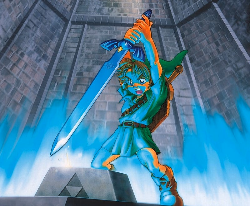 Young Link pullling the Master Sword out of its pedestal
